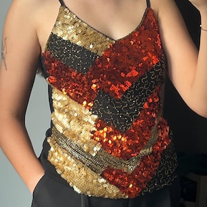 Vintage Shimmering Sequin: Elegant Cami Top in Black, Gold & Red