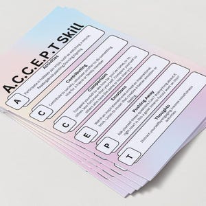 May include: A stack of printed cards with a gradient pink and blue background. The cards feature the text "A.C.C.E.P.T Skill" and include sections on activities, contributing, comparison, emotions, pushing away, and thoughts. The cards are designed for mindfulness.