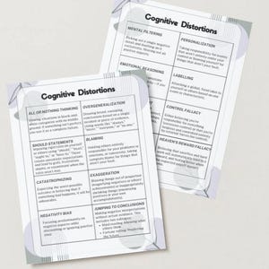 May include: Two white cards with the title "Cognitive Distortions" are displayed. The cards list various cognitive distortions such as "All or Nothing Thinking" and "Mental Filtering". The cards have a light gray border.