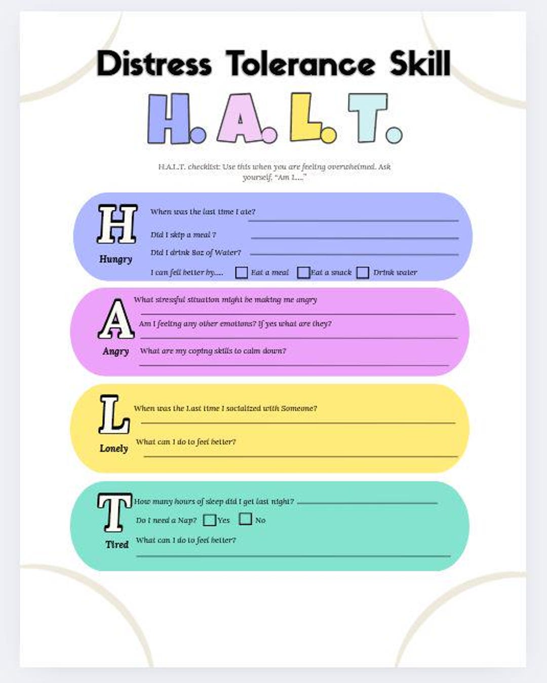 DBT H.A.L.T. Distress Tolerance Worksheet: Mental Health Self-care ...