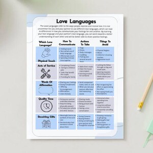 May include: A white and blue infographic titled "Love Languages" with sections on communication, actions, and things to avoid. A pencil, a notepad, and a set of keys are on the right side of the image.