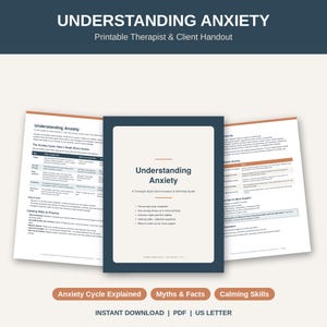 May include: A printable therapist and client handout titled Understanding Anxiety, featuring a central cover page and two side pages with text about the anxiety cycle, common myths, and calming skills in a dark blue and beige color scheme.