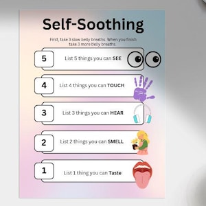 May include: A colourful self-soothing guide with instructions and prompts for grounding techniques. The guide includes prompts to list things you can see, touch, hear, smell, and taste. The image also includes a ruler, pen, and a cup of coffee.