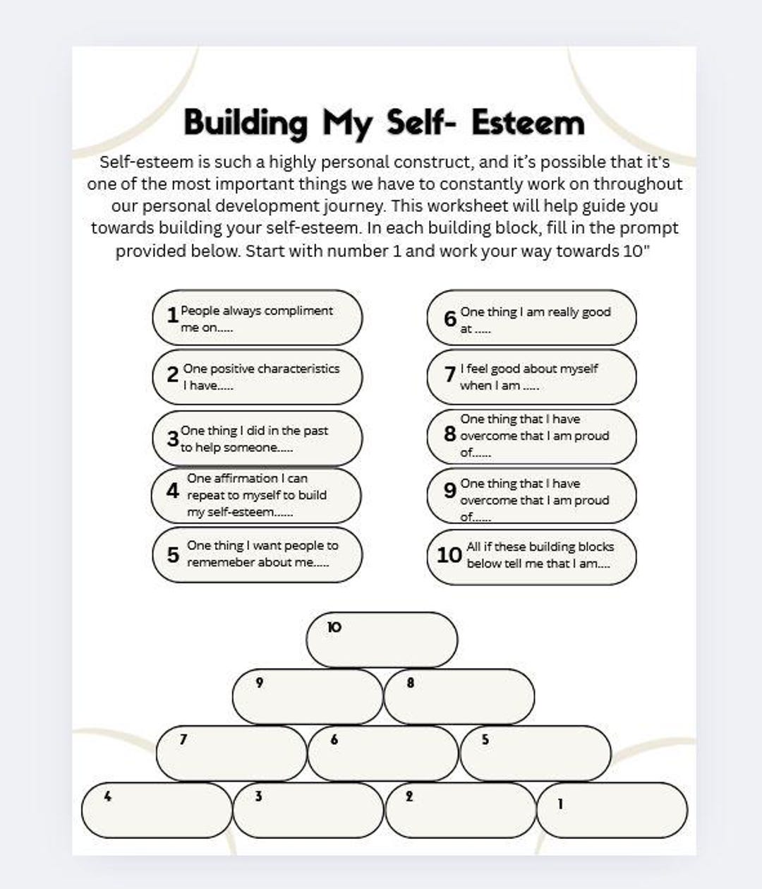 Self-esteem Building Worksheet: Fillable PDF Therapy Tool | Personal ...