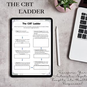 May include: A digital tablet displaying "The CBT Ladder" diagram, designed to help adjust thoughts and feelings. The tablet is next to a white stylus, a laptop, and a small potted plant. The text "Transform Your Automatic Negative Thoughts Into Healthier Responses!" is also visible.