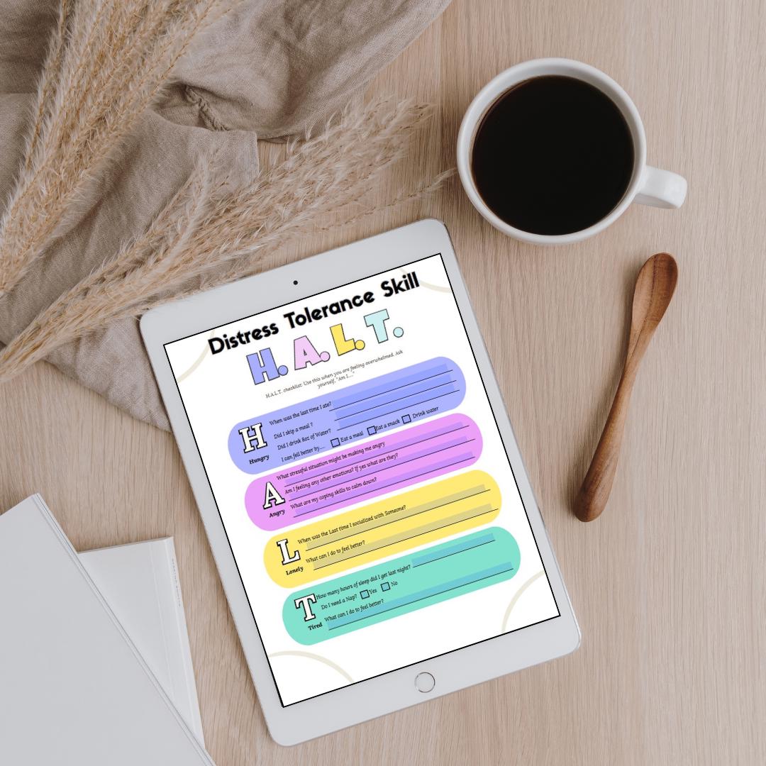 DBT H.A.L.T. Distress Tolerance Worksheet: Mental Health Self-care ...
