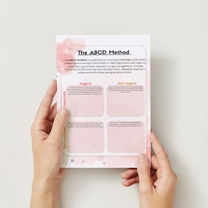 Op de afbeelding: Een wit papier met de titel "The ABCD Method" en roze aquarelaccenten wordt door twee handen vastgehouden. Het papier heeft vier roze vakken met de labels "Urgent" en "Niet Urgent" voor taakprioritering.