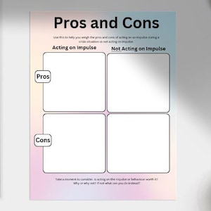 May include: A worksheet titled "Pros and Cons" with sections for "Acting on Impulse" and "Not Acting on Impulse." A metal ruler, a pen, and a cup of coffee are also visible.