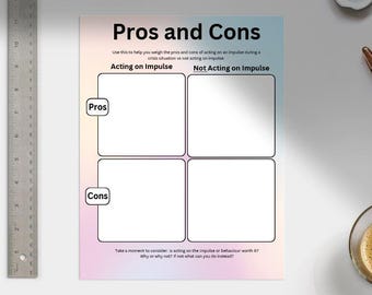 Pros and Cons Worksheet: DBT Impulse Control Tool (Fillable PDF Digital Download)