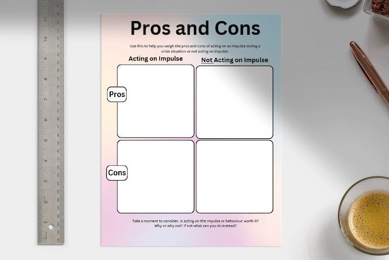 Impulse Ruler Pros and Cons Worksheet: DBT Impulse Control Tool (fillable PDF Digital ...