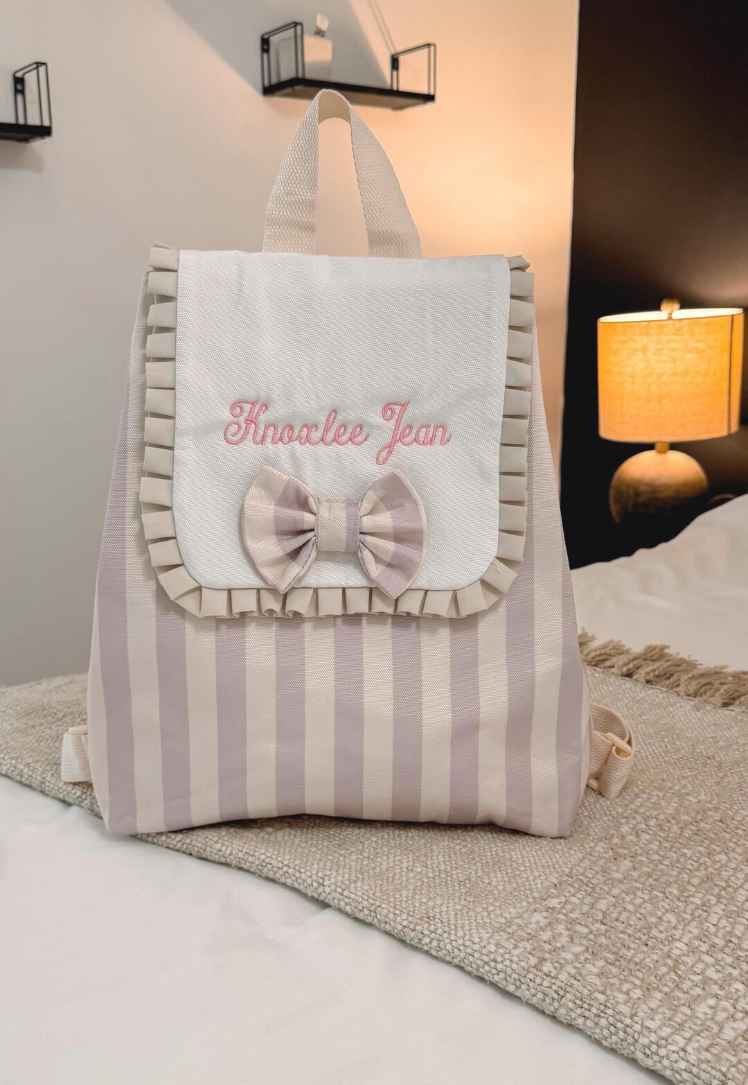 Pink Ruffly Backpack Personalized Pink Stripe Ruffle Backpack | Embroidered Toddler Diaper ...