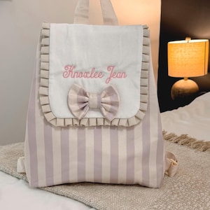 Personalized Pink Stripe Ruffle Backpack | Embroidered Toddler Diaper Bag