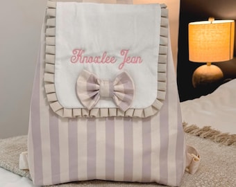 Personalized Pink Stripe Ruffle Backpack | Embroidered Toddler Diaper Bag
