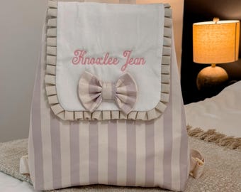 Personalized Pink Stripe Ruffle Backpack | Embroidered Toddler Diaper Bag