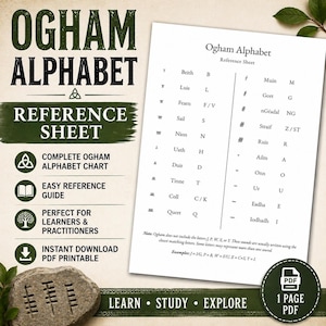 May include: A printable Ogham alphabet reference sheet. The sheet includes a complete Ogham alphabet chart, an easy reference guide, and is an instant PDF download. The design features a stone with Ogham symbols and the words "Learn, Study, Explore."