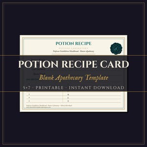 May include: A rectangular potion recipe card template with a cream background and dark border. It features the text POTION RECIPE, POTIONS LABORATORY, Professor Crimblebrew Muddlewook, and a dark seal. It includes lines for ingredients.