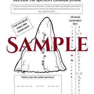 Op de afbeelding: Een wit papier met de titel "DECODE THE ANCIENT OGHAM STONE" en het woord "SAMPLE" in grote, kastanjebruine letters. De afbeelding bevat een tekening van een steen met Ogham-schrift en een alfabettoets.