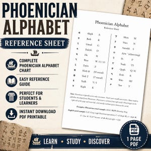 May include: A reference sheet for the Phoenician alphabet. The chart includes the complete alphabet, an easy reference guide, and is perfect for students and learners. The sheet is available as an instant download PDF printable.