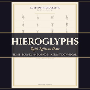 May include: A cream-colored reference chart titled EGYPTIAN HIEROGLYPHS with a grid of uniliteral signs, sounds, and meanings. The text HIEROGLYPHS Quick Reference Chart is centered in a dark band, with additional text below reading SIGNS, SOUNDS, MEANINGS, INSTANT DOWNLOAD.
