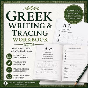 Puede incluir: Un cuaderno de trabajo para aprender a escribir y trazar griego. La portada presenta el título "Greek Writing & Tracing Workbook" con el texto "Learn to Read, Trace, and Write Greek Letters". En el interior, ejercicios de trazado.