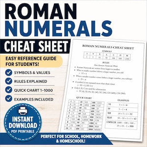 May include: A blue and white printable Roman Numerals cheat sheet. The sheet includes symbols, values, rules, a quick chart from 1-1000, and examples. The text on the sheet reads "Easy Reference Guide for Students!"