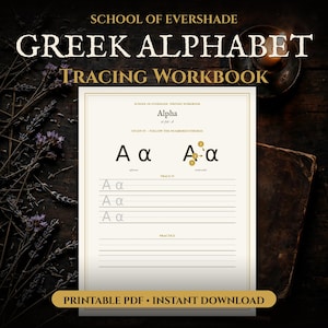 Peut inclure: Une page du cahier d'exercices School of Evershade Greek Alphabet Tracing Workbook présentant la lettre Alpha. La page comprend une section de référence, un guide numéroté pour l'ordre des traits et des lignes pour s'exercer à écrire.