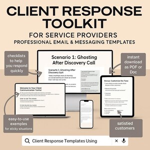 Könnte beinhalten: Ein digitales Toolkit mit dem Titel "Client Response Toolkit" für Dienstleister, mit professionellen E-Mail- und Messaging-Vorlagen. Das Bild zeigt einen Laptop, ein Tablet, ein Telefon und einen Monitor mit Text wie "Checklisten", "einfache Beispiele" und "zufriedene Kunden".