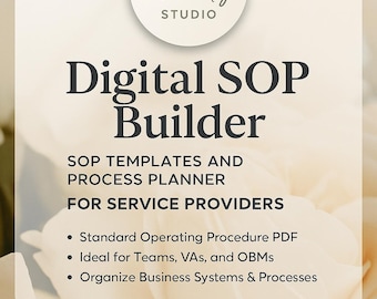Puede incluir: Anuncio de "Digital SOP Builder" de The Clarity Studio. La imagen presenta texto sobre un fondo crema, destacando plantillas de SOP y planificación de procesos para proveedores de servicios. Las características se enumeran con viñetas.