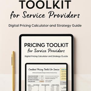 Pode incluir: Um kit de ferramentas de preços digital para provedores de serviços, exibido em um tablet com uma caneta dourada. A tela mostra "PRICING TOOLKIT" e uma interface de calculadora. O texto "Digital Pricing Calculator and Strategy Guide" também é visível.