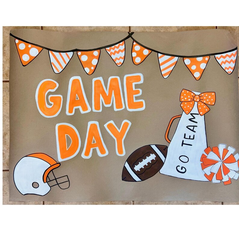 The image is a vibrant and colorful depiction of a football game day celebration, featuring various football-related elements such as a football, cheerleading equipment, and a banner with the text "GAME DAY".