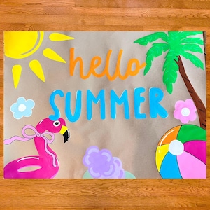 May include: A hand-painted summer-themed poster on brown paper. The words "hello SUMMER" are in orange and blue. A pink flamingo, sun, palm tree, beach ball, and flowers are also depicted. The poster is a vibrant and colorful piece of art.