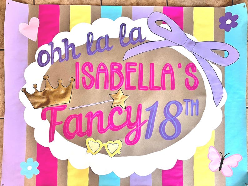 The image is a colorful banner with text and decorative elements, including a crown, a ribbon, and butterflies.