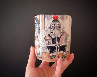 Mary and Max Inspired Mug – Handmade Ceramic Cup – Dark Whimsical Clay Art – Collector Gift