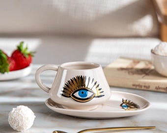 Evil Eye Keramikbecher: Handgemachte Keramik mit 24K Gold-Details
