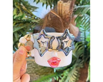 Handmade Ceramic Espresso Cup: Quirky Sunglasses Design, Matching Saucer