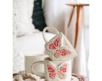 Butterfly Gold Mug: Handmade Ceramic Cup with 24K Gold Accents