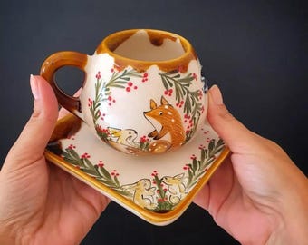 Handmade Ceramic Fox Mug and Saucer Set: Whimsical Animal Pottery