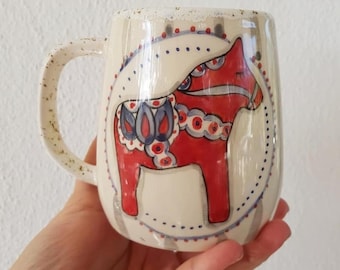 Dala Horse Mug: Handmade Ceramic Coffee Cup - Swedish Folk Art