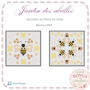 Peut inclure: Un modèle de point de croix intitulé Jardin des abeilles, Biscornu au point de croix, Biscornu n°003. Il présente deux motifs carrés sur une grille : l'un avec une abeille, des fleurs et des alvéoles, l'autre avec quatre abeilles et ruches.