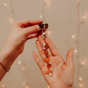 K&ouml;nnte beinhalten: Ein goldfarbener Metallschl&uuml;sselanh&auml;nger mit einer Reihe kleiner Emaille-Anh&auml;nger, darunter ein brauner Igel, ein orangefarbener K&uuml;rbis, ein rotes Blatt und ein rot-wei&szlig;er Fliegenpilz, befestigt an einem Karabinerhaken und einem Ring.
