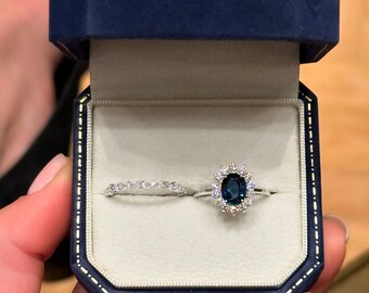 Oval Tanzanite Halo Engagement Ring Set | Sterling Silver Bridal Jewelry