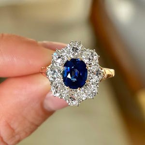 Gorgeous Oval Cut Blue Sapphire & Diamond Cluster Halo Engagement Ring in 925 Sterling Silver –Vintage-Inspired Royal Statement Ring for her