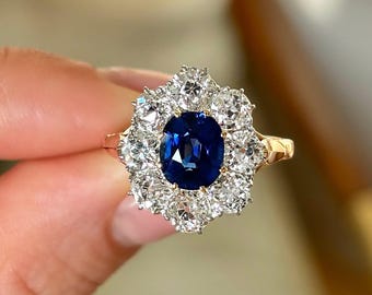 Blauer Saphir Halo Ring: Vintage-inspiriertes Sterling-Silber Statement