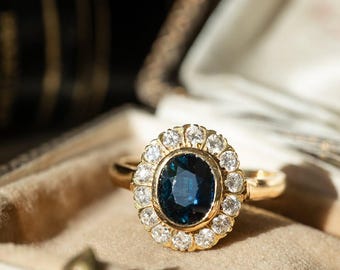 Anello Halo vintage con zaffiro blu / Pietra portafortuna di settembre in argento sterling