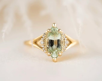 Anillo de zafiro verde azulado con marquesa: plata de ley 925, opción de oro rosa