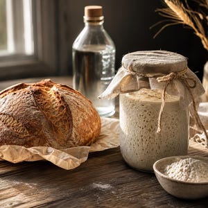 May include: A round, golden-brown crusty loaf of bread sits on parchment paper next to a glass jar filled with bubbly sourdough starter, covered with a beige fabric lid tied with twine, a small bowl of white flour, and a clear glass bottle.