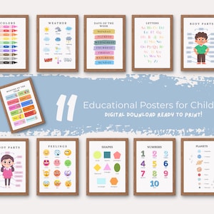 Educational Poster Set, 11 School Prints, Montessori Classroom Decor, Neutral Kids Room, Kids Playroom, Wall Art Print, Colorful Learning