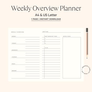 Planificador semanal, diseño imprimible, lista de tareas, prioridades, gratitud, notas, tamaño A4 y carta (PDF), 0005