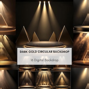 Könnte beinhalten: Digitaler Hintergrund mit einer dunkelgoldenen, kreisförmigen Bühne mit Scheinwerfern. Das Bild enthält geometrische Formen und den Text "DARK GOLD CIRCULAR BACKDROP" und "16 Digital Backdrop". Das Farbschema ist dunkel mit goldenen Akzenten.