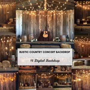 May include: A rustic country concert backdrop with a wooden stage, hay bales, and string lights. A guitar rests on a table. The text reads "RUSTIC COUNTRY CONCERT BACKDROP" and "16 Digital Backdrop".